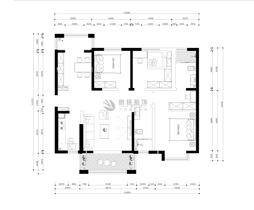 西安(ān)魯班裝(zhuāng)飾出品振業泊岸130平米三居室新(xīn)中(zhōng)式設計蔣程設計師主筆(bǐ)設計——平面布局圖