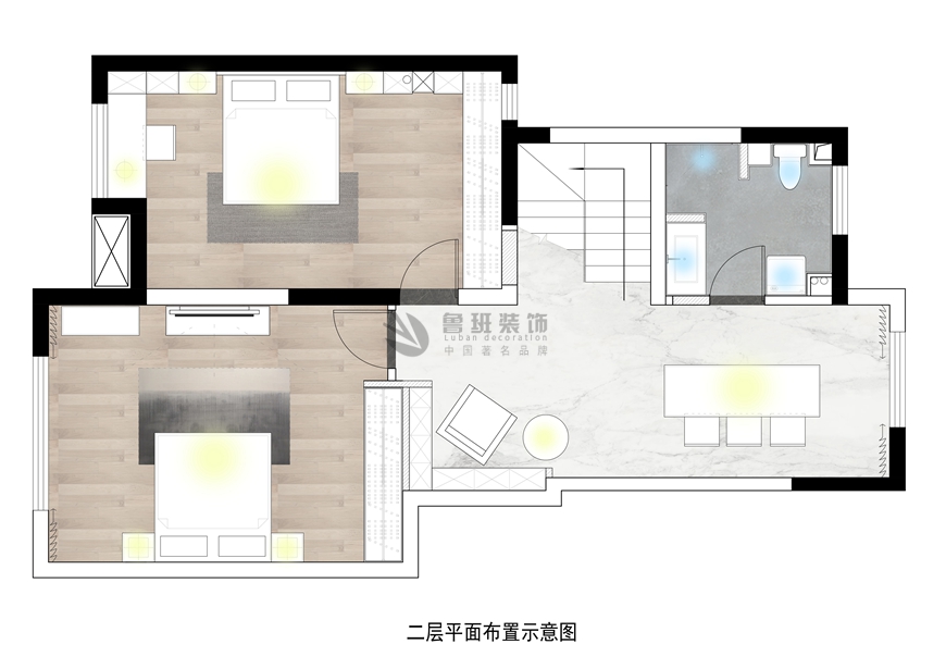 西安(ān)魯班裝(zhuāng)飾出品綠地城167平米複式看得見的高級極簡風呂世成主筆(bǐ)設計——二層平面布局圖設計