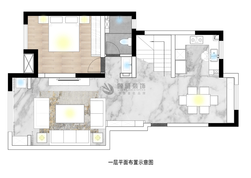 西安(ān)魯班裝(zhuāng)飾出品綠地城167平米複式看得見的高級極簡風呂世成主筆(bǐ)設計——一層平面布局圖設計