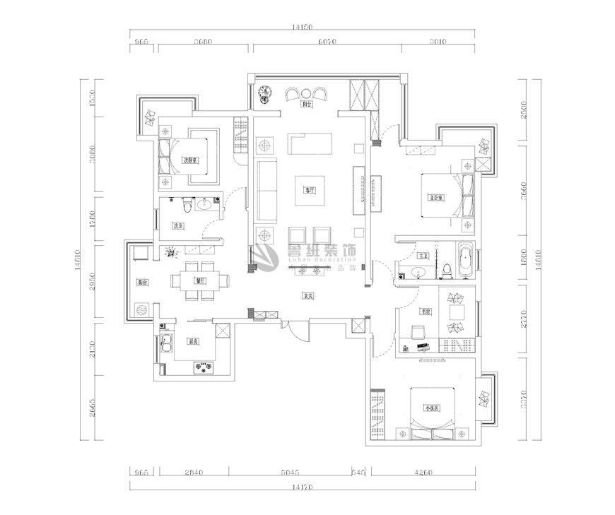 西安(ān)魯班裝(zhuāng)飾出品水岸東方180平米新(xīn)中(zhōng)式讓人驚豔塗黎主筆(bǐ)設計——平面布局設計